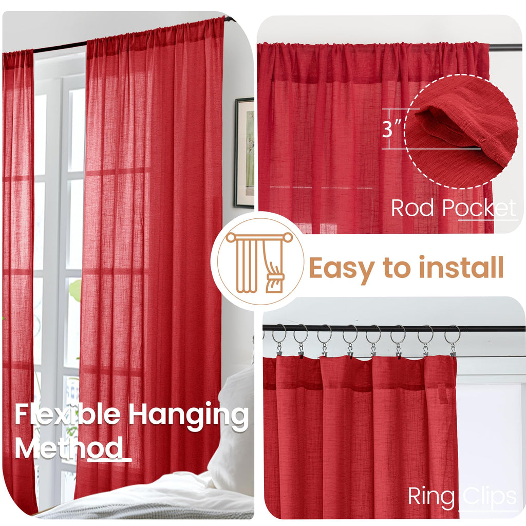 BGment Red Linen Curtains 40 Inch Length for Kitchen Window, Short Semi Sheer Drapes with Rod Pocket Light Filtering for Cafe Over Sink Bathroom Lightweight, 2 Panels, Each 30 Inch Wide