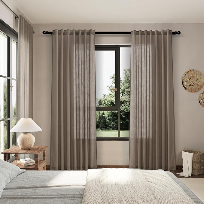 Dark Taupe Linen Curtains 96 Inches Long for Living Room Rod Back Tab Vintage Rustic Farmhouse Light Filtering Curtain Burlap Textured Linen Drapes 96 Inch Length for Dinning Room Bedroom 52x96 8FT