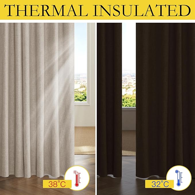 NICETOWN Oatmeal Vintage Open Linen Weave Flax Thermal Curtains, 100% Blackout Curtains 54" Long for Dining Room, Soundproof Window Treatment Drapes for Kitchen, 42" Wide Per Panel, Set of 2