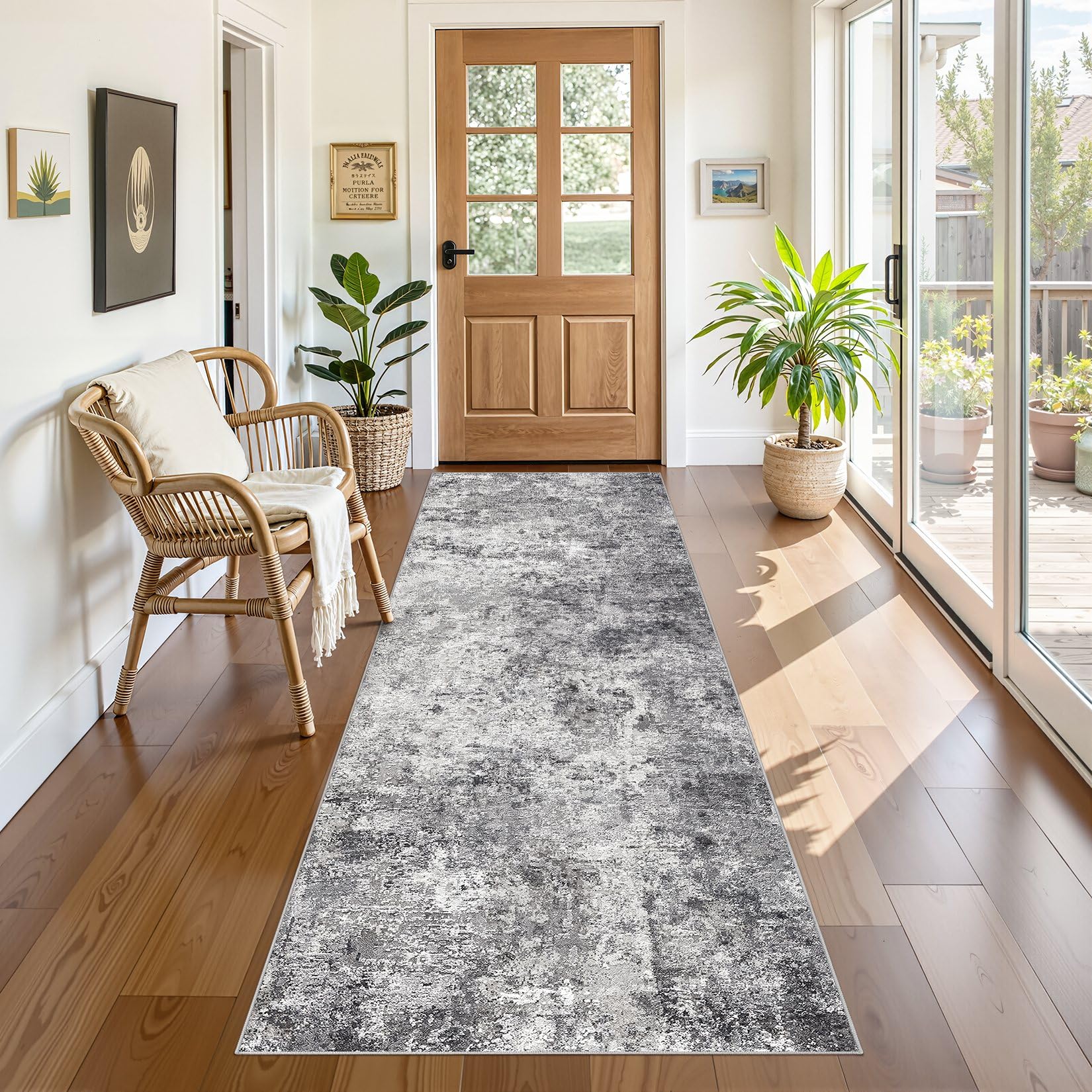 UERMEI 3x8 Washable Runner Rug for Hallway, Non Slip Low Pile Kitchen Carpet, Neutral Modern Abstract Indoor Floor Mat for Entryway Laundry, Kid & Pet Safe High Traffic Area, Grey