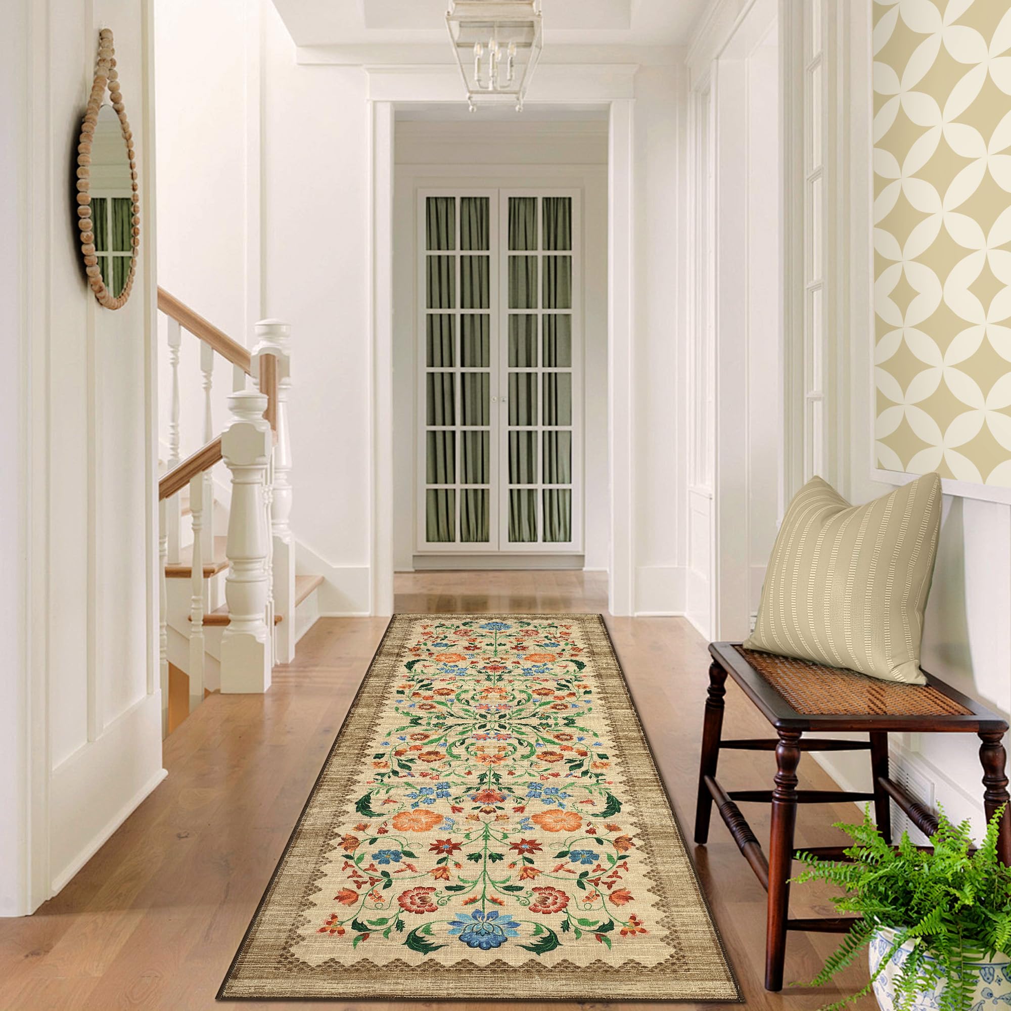 GarveeHome Floral Rug 2.5x8 Runners for Hallways, Boho Kitchen Runner Rugs Non Slip Bath Runners, Vintage Washable Runner Rug for Bedroom, Soft Long Rugs for Entryway Bathroom Laundry Dorm, Beige