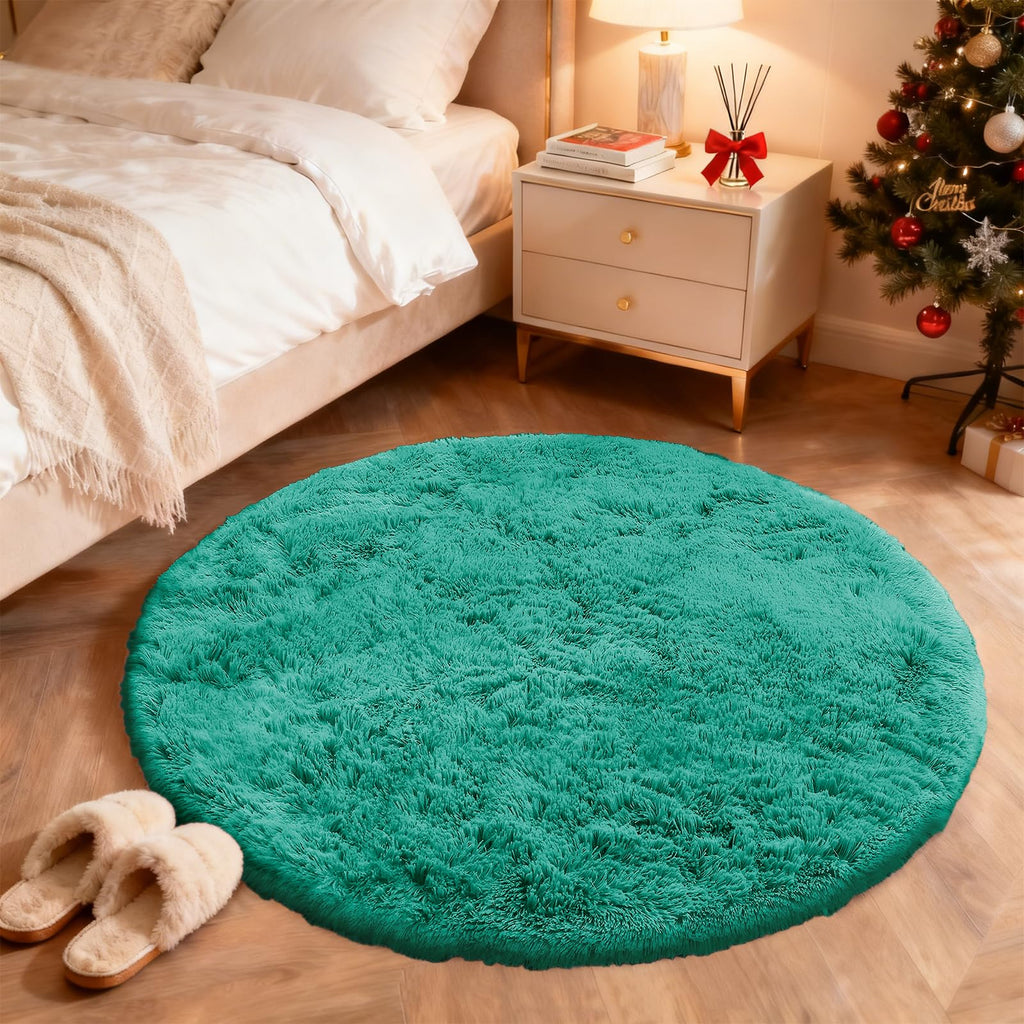 OLANLY Teal Green Round Rugs for Bedroom - Machine Washable, 8 ft Circle Area Rugs for Living Room, Soft and Fluffy Shaggy Carpet for Teen Girl and Boys, Nursery Rooms, Dorms, Home Decor Aesthetic