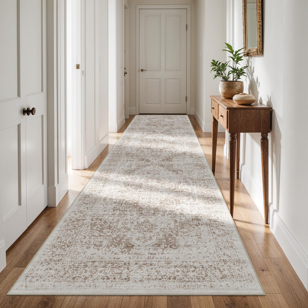 4x12 Washable Hallway Runner Rug: Vintage Wide Low Pile Rugs IvoryBeige