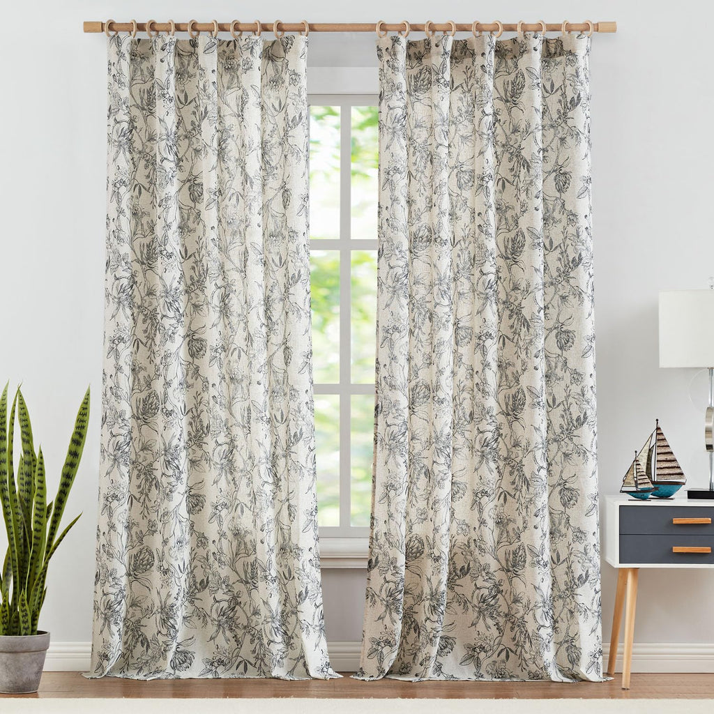 jinchan Black Floral Linen Curtains 108 Inch Farmhouse Rod Pocket 2 Panels