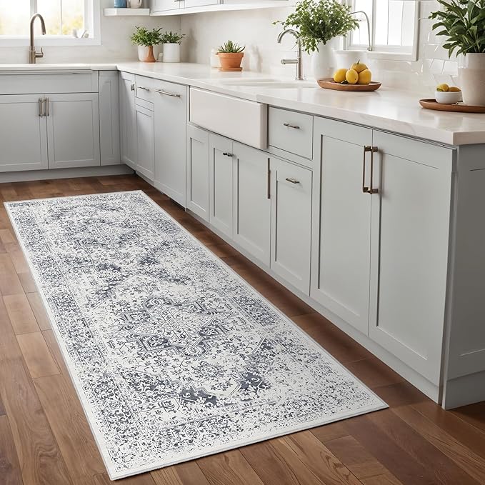 EISUROM 2x5 Washable Runner Rug: Vintage Medallion Kitchen Soft Rugs Gray