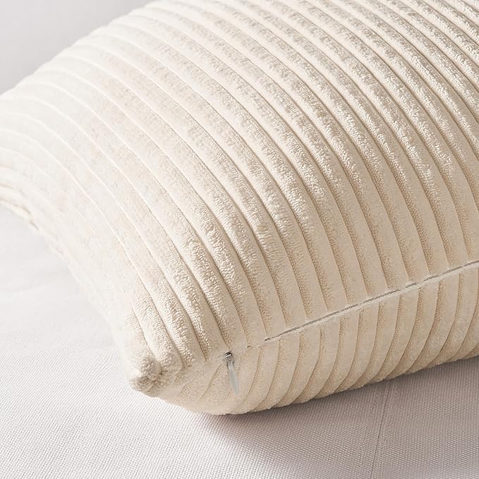 Topfinel 4 Packs Neutral Decorative Throw Pillows Covers 12x12 Inch for Living Room Couch Bed Sofa, Rustic Farmhouse Boho Neutral Home Decor, Soft Plush Striped Corduroy Square Cushion Case 30x30 cm