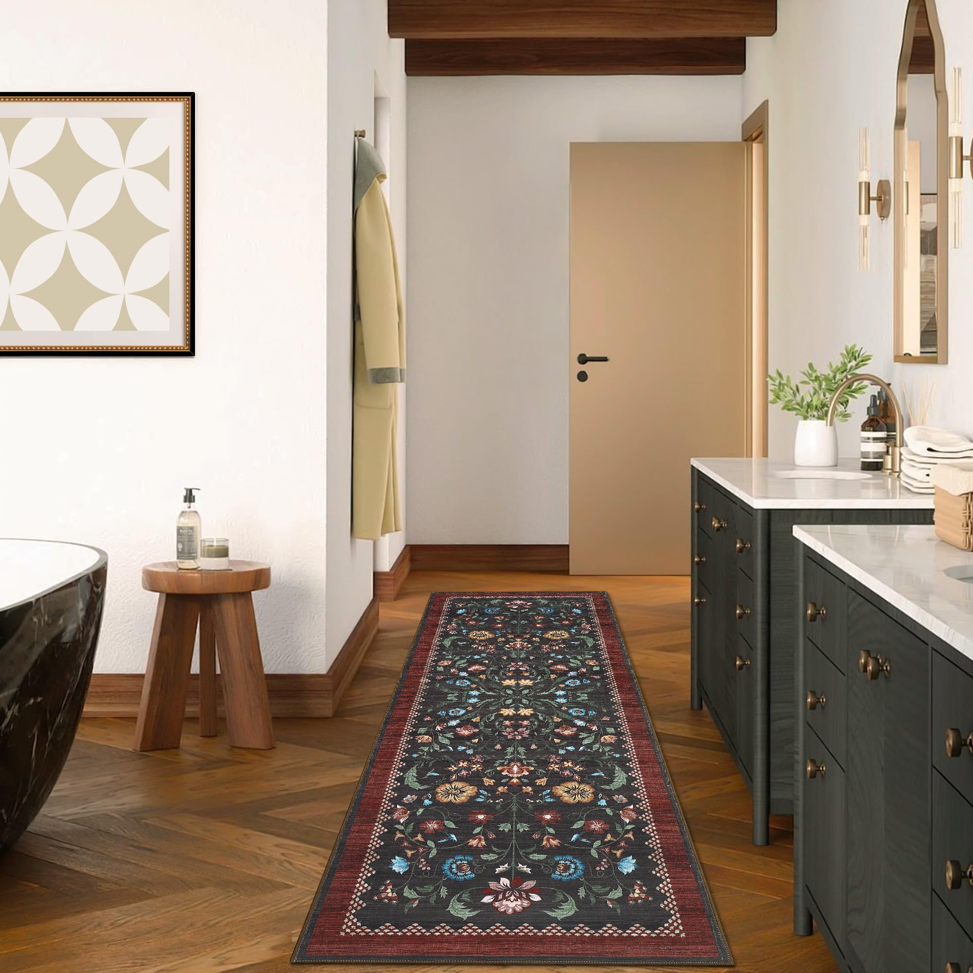 GarveeHome Floral Rug 2.5x8 Runners for Hallways, Boho Kitchen Runner Rugs Non Slip Bath Runners, Vintage Washable Runner Rug for Bedroom, Soft Long Rugs for Entryway Bathroom Laundry Dorm, Red