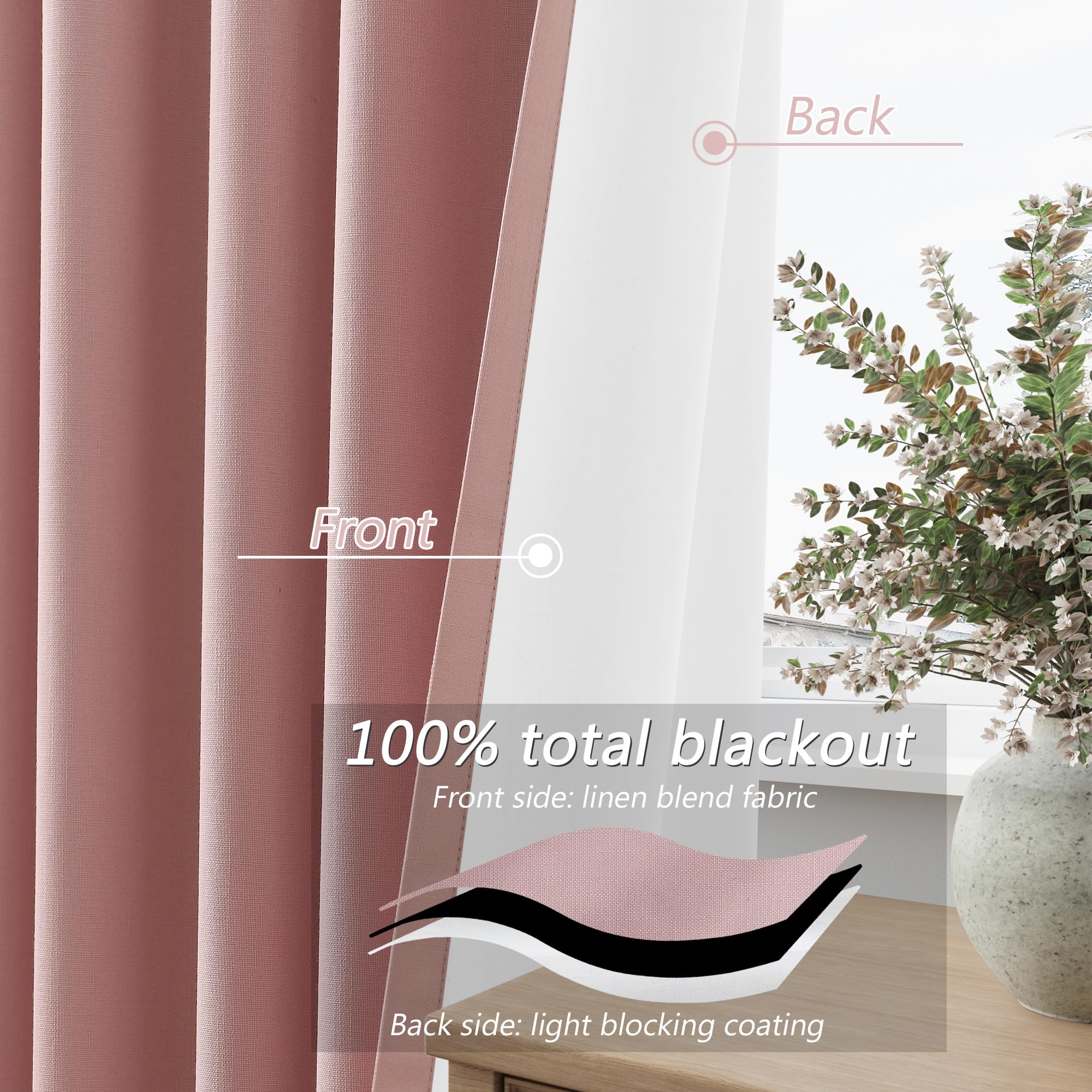 Guken 100% Blackout Linen Curtains 90 Inch 2 Panels Set for Girl's Bedroom, Living Room, Nursery, Back Tab Thermal Insulated Black Out Drapes Room Darkening, Pink