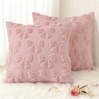 decorUhome Pink Bow Pillow Covers Set of 2 Coquette Aesthetic Cute Preppy Plush Faux Pillowcases for Girly Bedroom or Couch 20x20 Inch