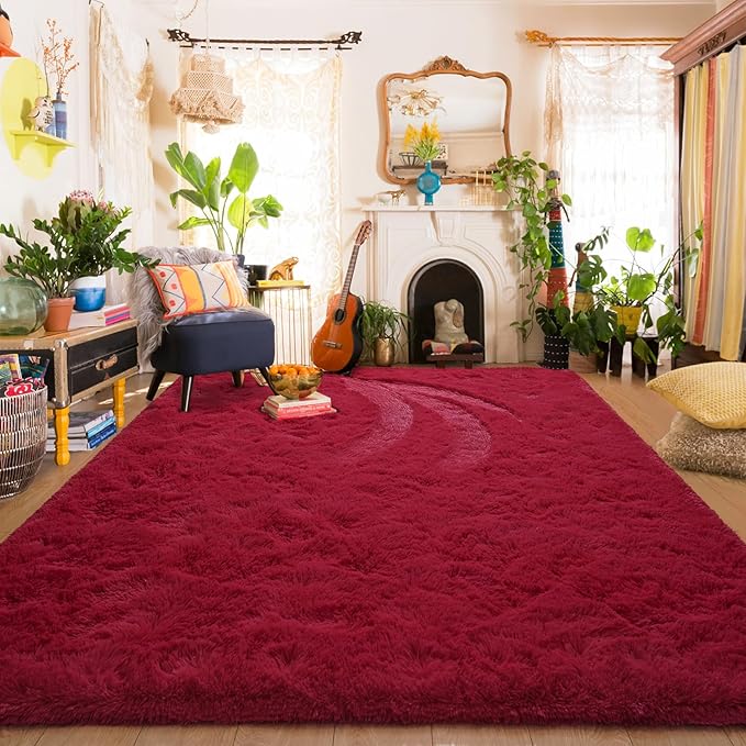 Amearea Shag Fluffy Area Rug for Bedroom Girls Living Room, Wine Red 6x9