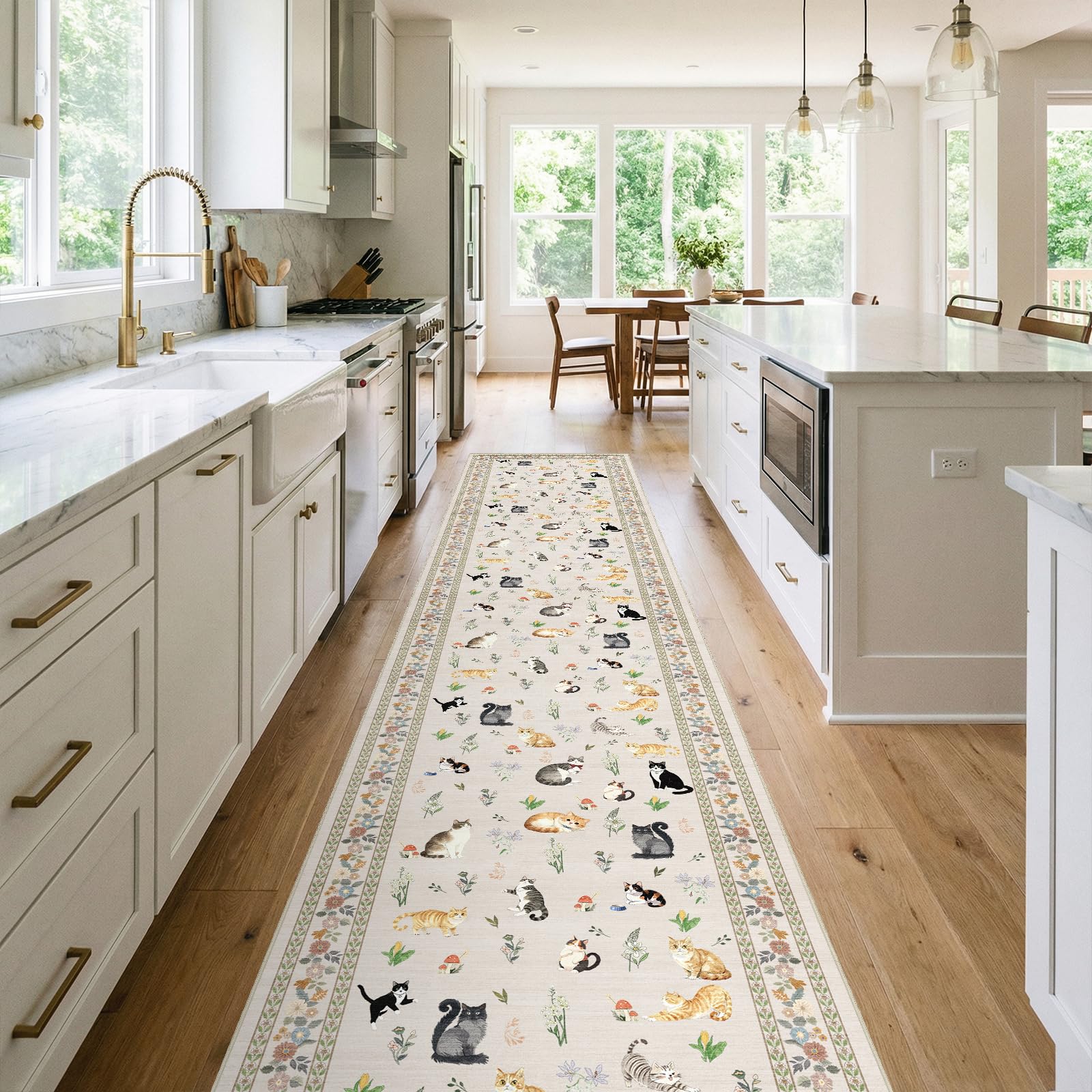 2x12 Washable Hallway Runner Rug: Long Floral Cat Print Soft Rug LightBeige