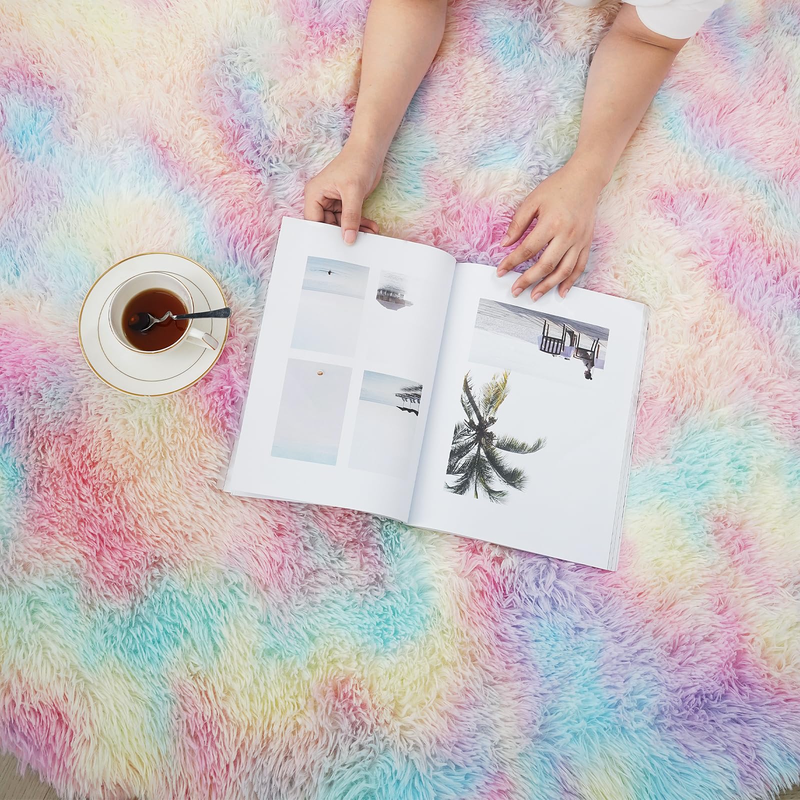Rainbow Fluffy Round Area Rugs for Bedroom,5'X5'Shag Circle Small Area Rugs