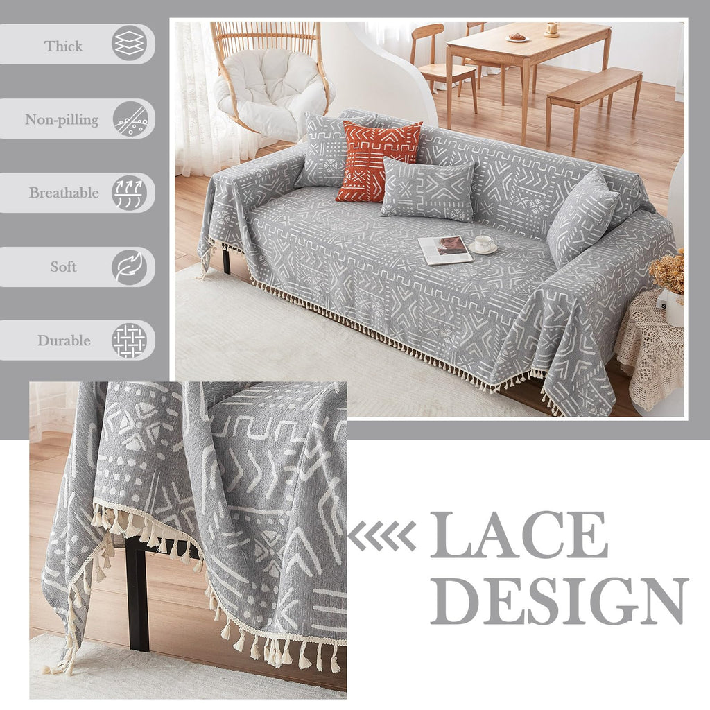 HANDONTIME Bohemian Grey and White Couch Cover for Dogs Aztec Tribal Sofa Covers for 3 Cushion Couch Aesthetic Tassel Couch Slipcover Sofa Seat Cover Universal Loverseat Cover Futon Cover, 71" X150"