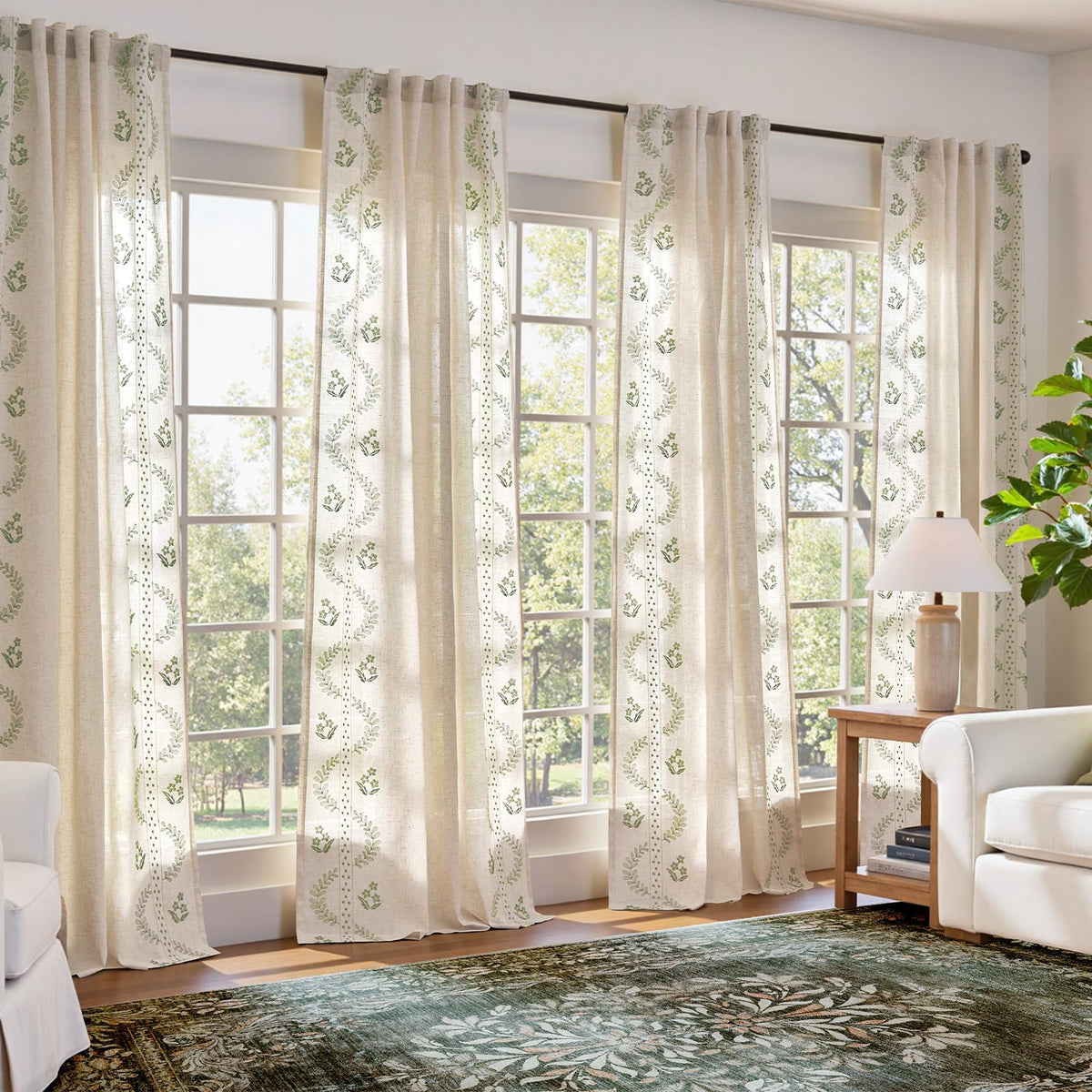 jinchan Floral Linen Curtains 84 Inch Farmhouse Back Tab 2 Panels