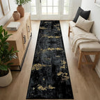 Washable Area Rugs 2'6''x10 Non-Slip Modern Abstract Soft for Living Room Entryway Bedroom Nursery, Print Pattern, Dark Black Gold