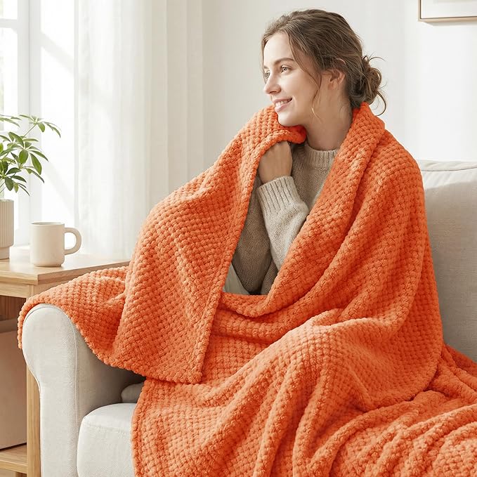 Exclusivo Mezcla Fleece Bed Blanket Twin Size, Super Soft and Warm Blankets for Couch, Sofa and Bed Waffle Textured, Cozy, Fuzzy and Lightweight (Burnt Orange, 60x80 Inches)