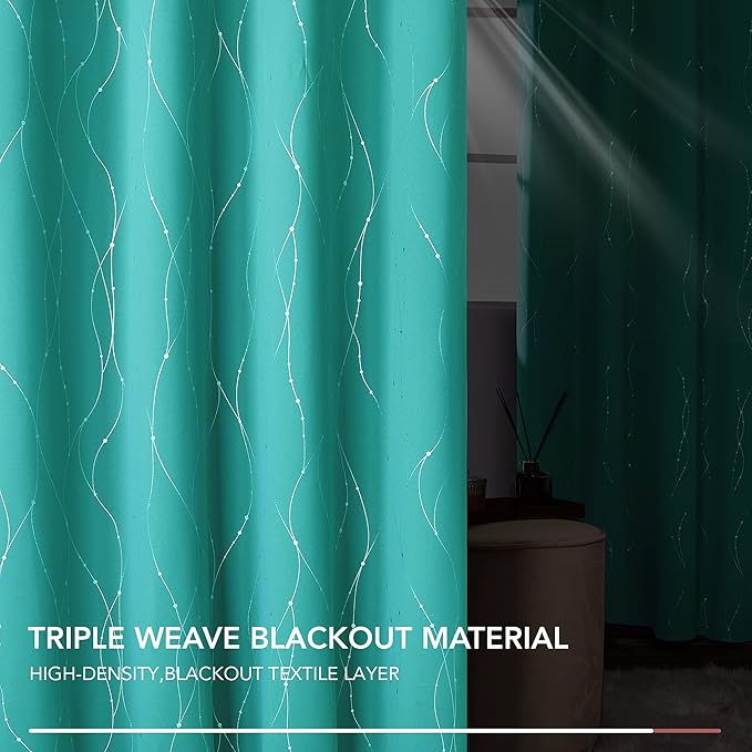 Deconovo Blackout Curtains for Living Room, Thermal Insulated Soundproof Drapes with Wave Dot Foil Print, 52 x 95 Inch, Set of 2, Machine Washable Window Curtain for Bedroom Sliding Door, Turquoise
