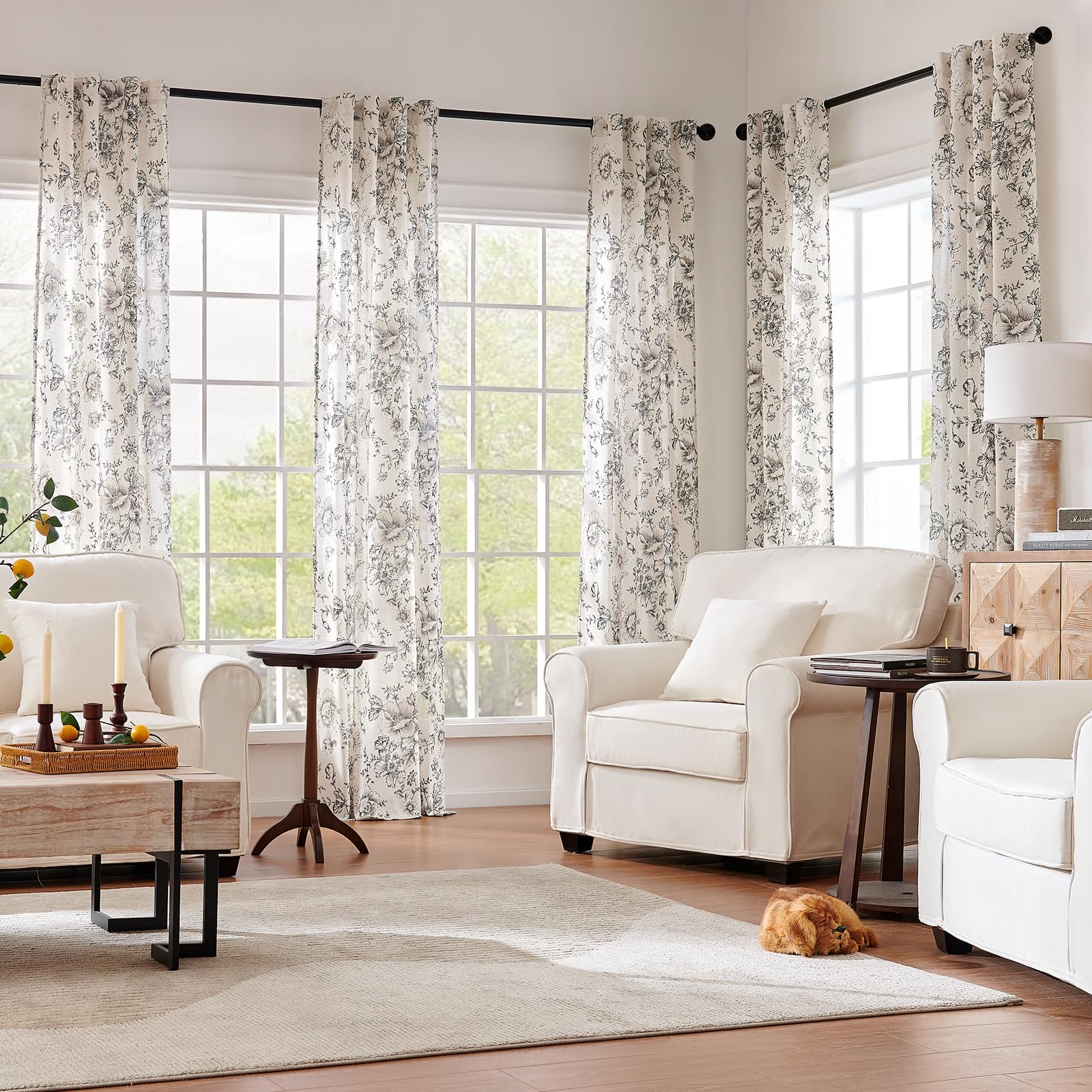 jinchan Vintage Floral Linen Curtains 84 Long for Living Room 2 Panels