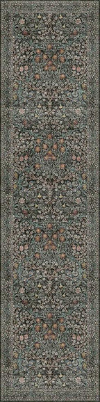 Hazo Haus Washable Dark Green 2x10 Runner Rug for Hallway, Kitchen, 10 ft Non Slip Stain Resistant Extra Long Soft Rugs, Vintage Floral Unique Botanical Floor Mat