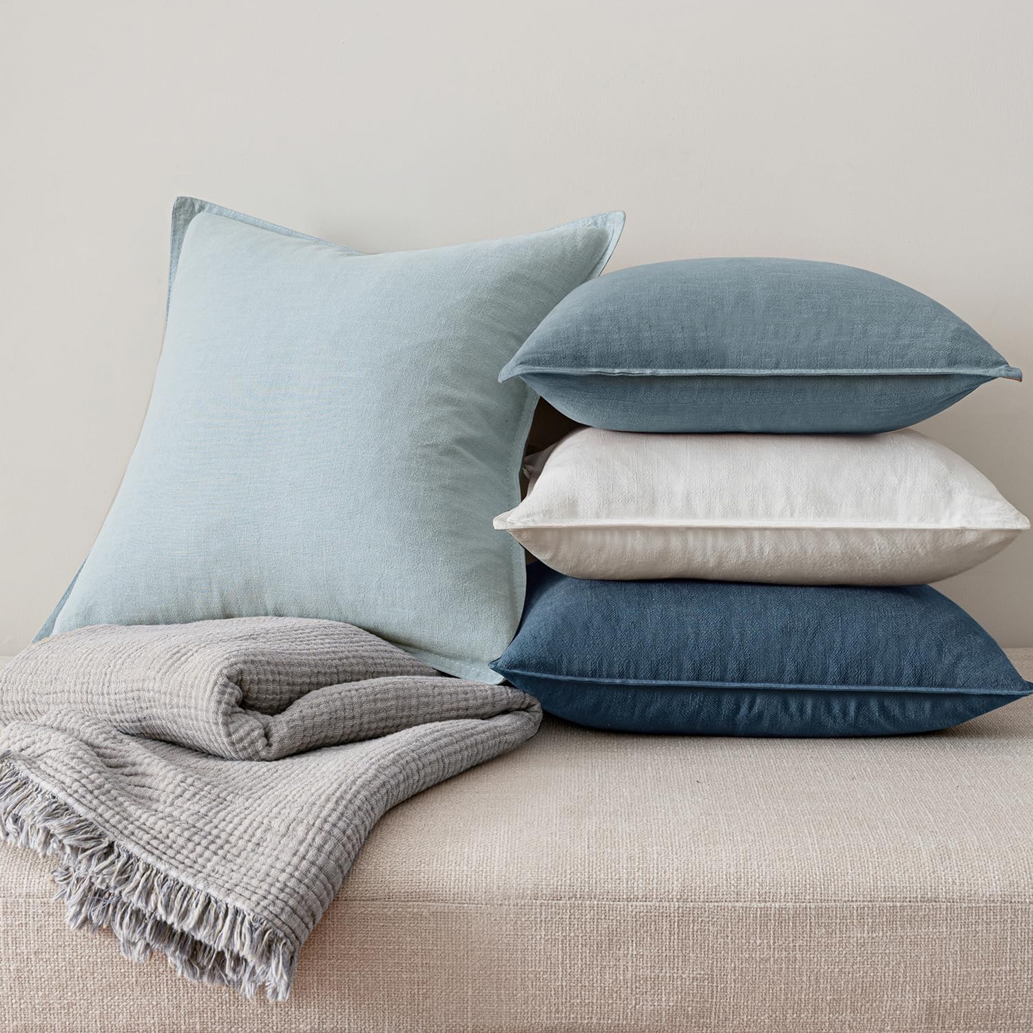 MIULEE Blue Boho Linen Decorative Pillow Covers 18x18 Inch Pack of 4