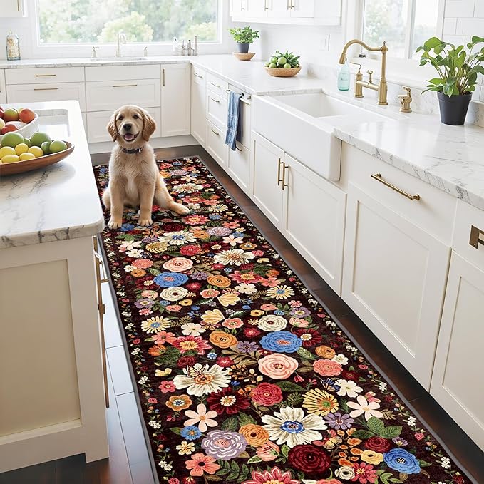Babovid Black Brown Floral Hallway Runner Rug 2'6''x14' for Kitchen
