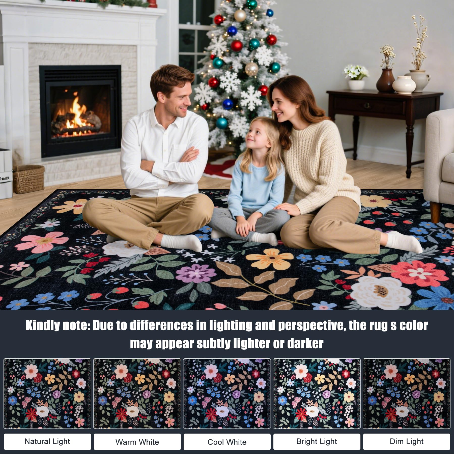 PLHXFR Area Rug Living Room: 4x6 Floral Washable Boho Soft Carpet Black
