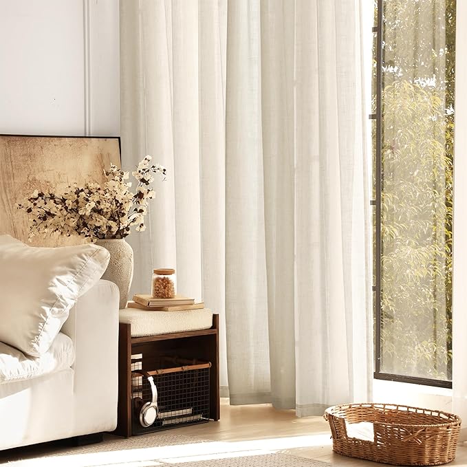 Faux Linen Beige Curtains 144 inches Long for Living Room Rustic Farmhouse Linen Drapes Semi Sheer Burlap Textured Canvas Cloth Curtain Panels Set of 2 Kahki Tan Colored