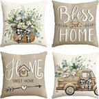 AVOIN colorlife Bless Our Home Sweet Home Farmhouse Eucalyptus Leaves Throw Pillow Covers, 20 x 20 Inch Truck Cushion Case Decorations Set of 4