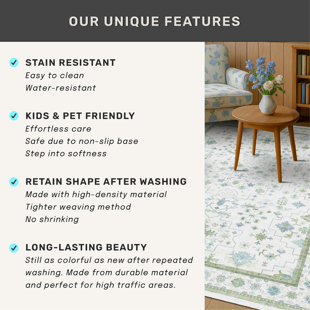 Washable 3x5 Large Bathroom Rug - Neutral Boho Geometric Area Rugs for Entryway, Kitchen, Bedroom Beside Bed, Laundry, Modern Vintage Eclectic Light Gray & Sage Floral Decor, Low Pile & Non-Slip Stain