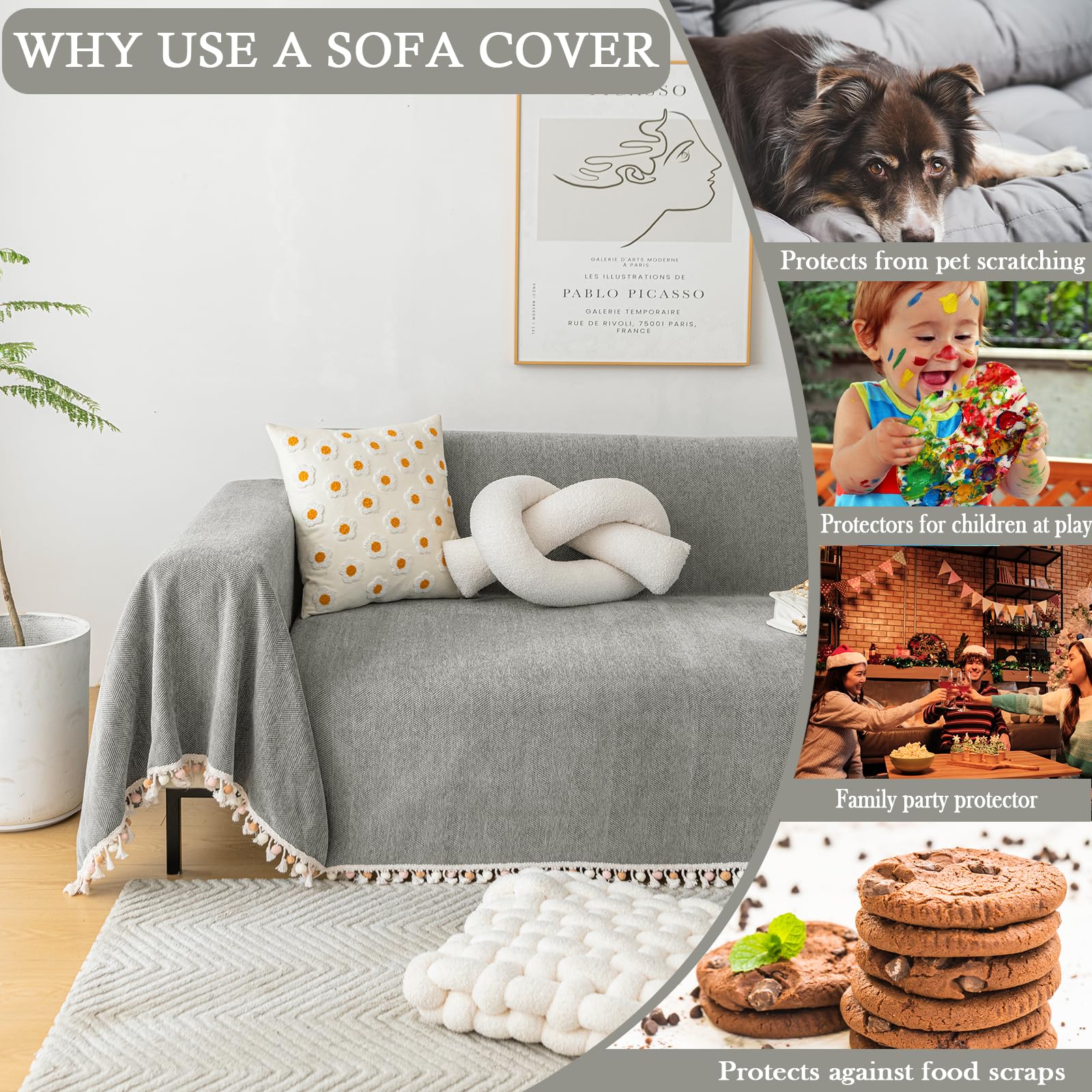 HANDONTIME Couch Slipcovers for Sofas Dark Grey Couch Cover Sofa Cover for Dogs Boho Pet Couch Protector with Tassel Chenille Herringbone Couch Cover for 2 3 Seat Washable Pet Friendly, 71" X134"