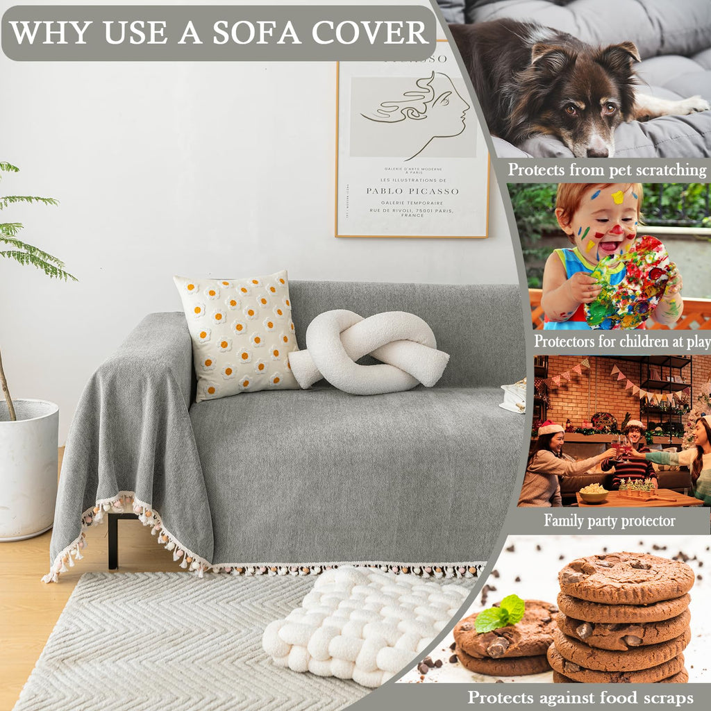 HANDONTIME Couch Slipcovers for Sofas Dark Grey Couch Cover Sofa Cover for Dogs Boho Pet Couch Protector with Tassel Sectional Throw Cover Chenille Herringbone Couch Cover for 3 Seat Sofa, 91" X150"