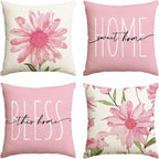 AVOIN colorlife Home Sweet Home Spring Summer Flowers Pink Throw Pillow Covers, 20 x 20 Inch Cushion Case for Sofa Couch Set of 4