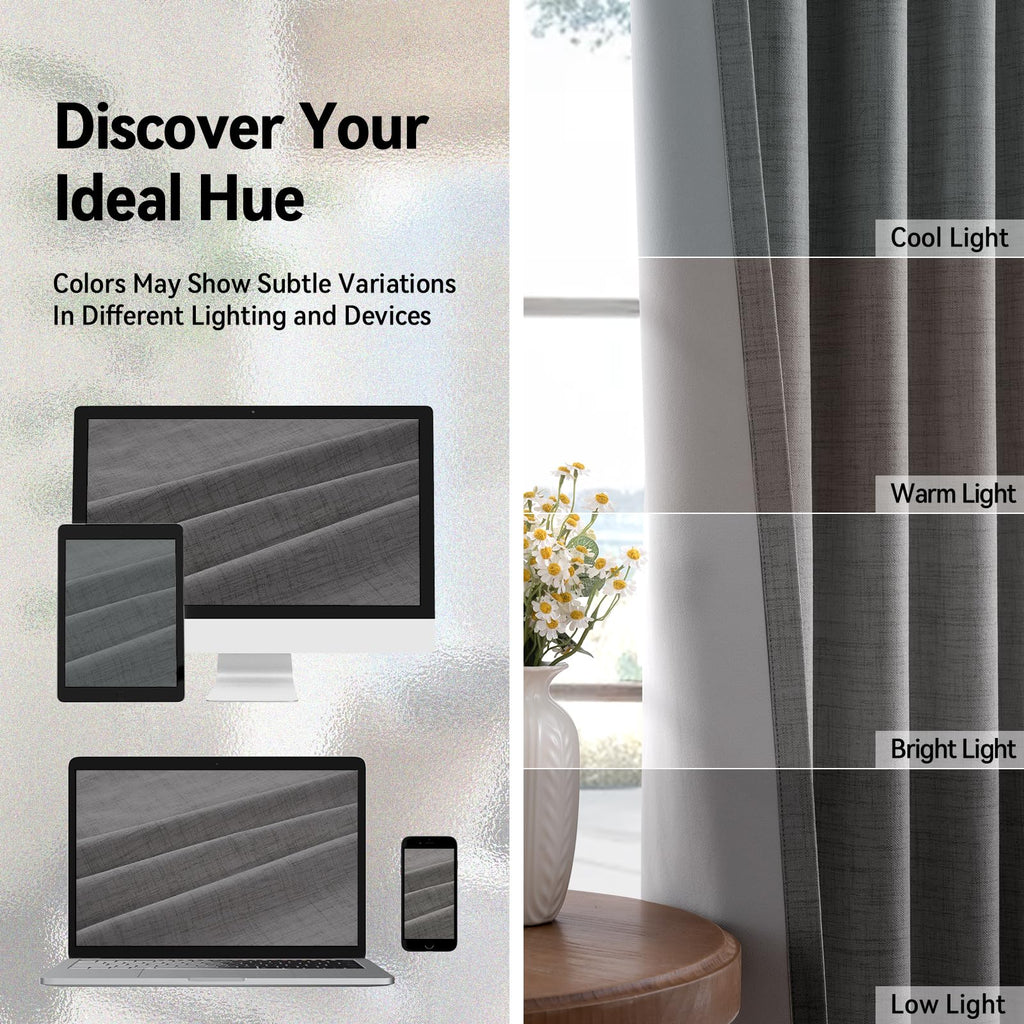 Linen Textured Total Blackout Curtains 90 Inches Long, Dark Gray