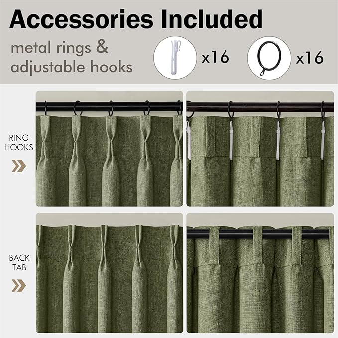 MIULEE Olive Green Pinch Pleated Linen Curtains 96 Inches Long 2 Panels