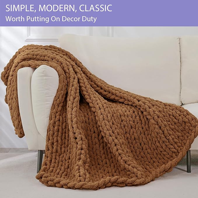 Bigacogo Chunky Knit Throw Blanket for Couch, 51x63 inches, Caramel