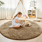 OLANLY Taupe Round Rugs for Bedroom - Machine Washable, 5 ft Circle Area Rugs for Living Room, Soft and Fluffy Shaggy Carpet for Teen Girl and Boys, Nursery Rooms, Dorms, Home Decor Aesthetic