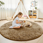 OLANLY Taupe Round Rugs for Bedroom - Machine Washable, 9 ft Circle Area Rugs for Living Room, Soft and Fluffy Shaggy Carpet for Teen Girl and Boys, Nursery Rooms, Dorms, Home Decor Aesthetic