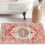 Yamaziot Washable Area Rug, 2x3 Small Entryway Rug Non-Slip Boho Vintage Rug with Rubber Backing, Low Pile Faux Wool Distressed Floor Carpet for Indoor Door Mat, Kitchen, Laundry (Pink)