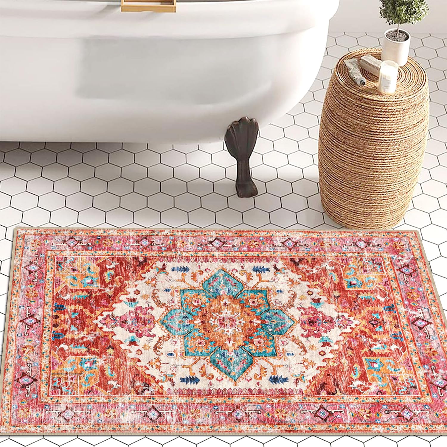 Yamaziot Washable Area Rug, 2x3 Small Boho Vintage Entryway Non-Slip Rug