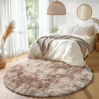 Amdrebio Tie-Dyed Beige Tan Round Circle Area Rug 5Ft for Bedroom, Fluffy Plush Shag Furry Rugs for Kids Room, Living Room Decor Aesthetic, Cute Fuzzy Neutral Carpet for Baby Nursery Playroom Dorm