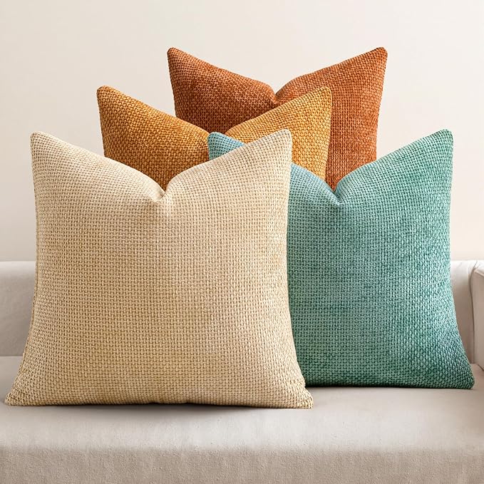 MIULEE Soft Decorative Chenille Fall Pillow Covers Beige Orange Teal 18x18