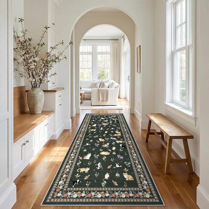 3x7 Washable Kitchen Runner Rug - Soft Low Pile Floral Animal Cat Print Rugs with Non-Slip Backing Waterproof Stain-Resistant Indoor Carpet for Hallway Entryway Bathroom Bedroom (Sage Green)