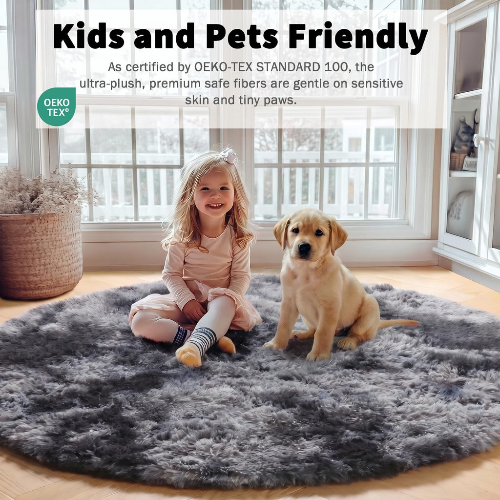 ONASAR Tie-Dyed Dark Grey Round Area Rug 4ft, Ultra Soft Bedroom Circle Rugs for Kids Girls Boys Teen, Fluffy Plush Shaggy Carpet Floor Mats for Nursery Dorm Living Room Office Home Decor