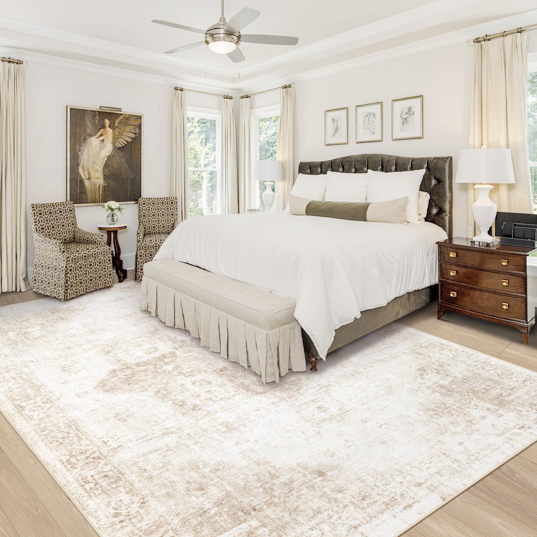 VECARF Area Rug 10x14 Washable Rug, Vintage Boho Medallion Rugs Non-Slip Soft Low Pile Large Distressed Rug Indoor Retro Carpet for Living Room Bedroom Dining Room Home Office (Beige, 10'x14')