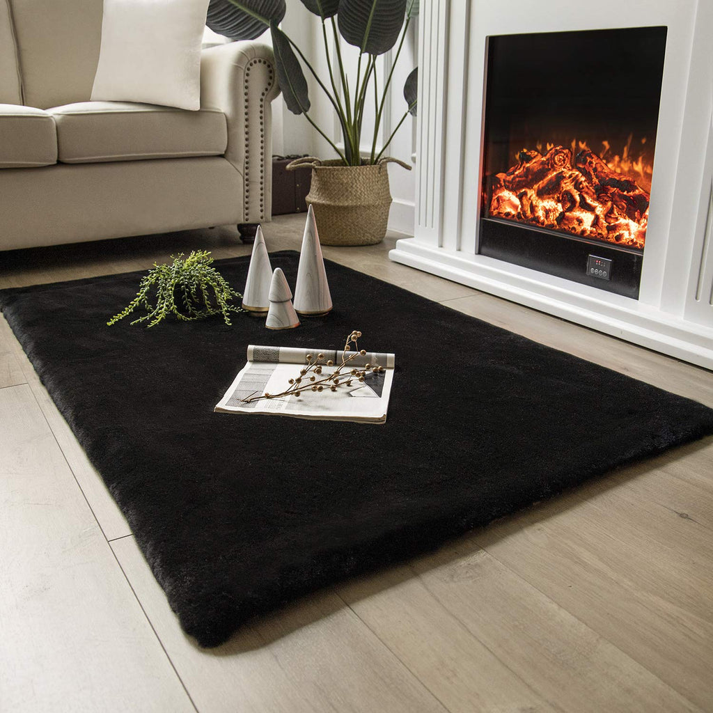 Ashler Faux Fur Rug, Ultra Soft Faux Rabbit Fur, Black Area Rugs, 3 x 5 Feet Rectangle, Machine Washable Nursery Decor Throw Rugs for Bedroom, Kids Room, Living Room