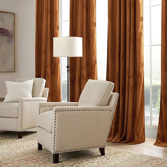 RYB HOME Orange Velvet Curtains 72 inches with Hook Belt, Back Tab
