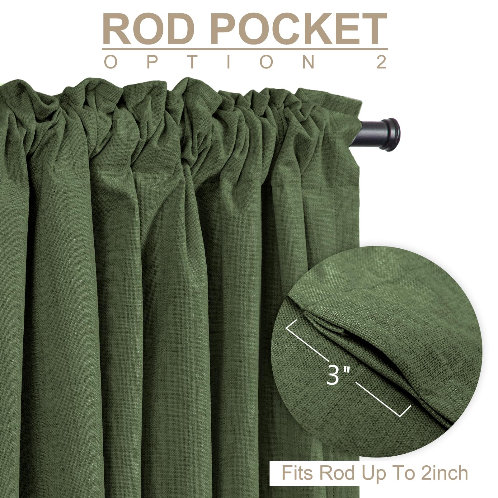 Faux Linen Total Blackout Curtains for Bedroom 102 Inches Long, Moss Green