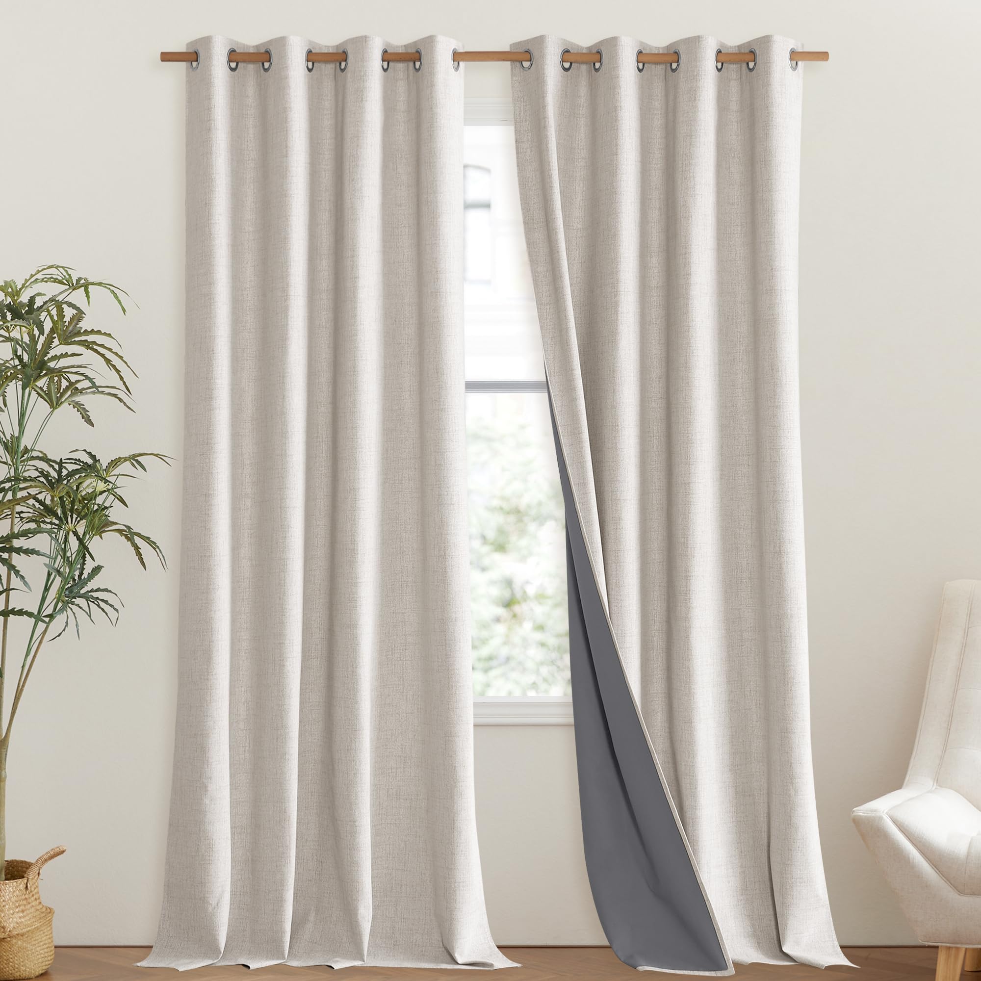 NICETOWN Brich Vintage Open Linen Weave Flax Thermal Curtains, 100% Blackout Curtains 108" Long for Dining Room, Soundproof Window Treatment Drapes for Hall Room, 52" Wide Per Panel, Set of 2