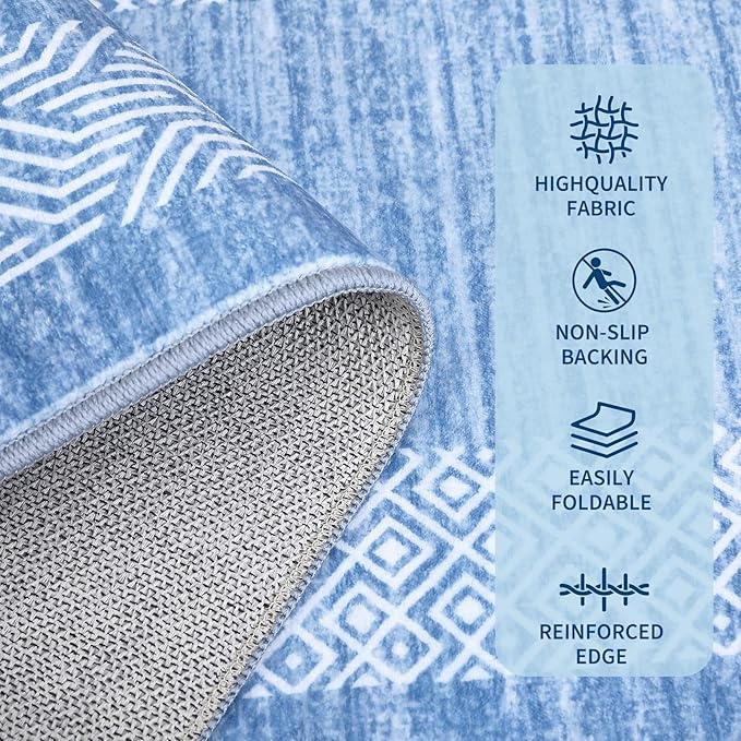 GarveeHome Modern Geometric Area Rug 5x7 Distressed Bordered Washable Non Slip Floor Carpet Non Shedding Thin Rug, Soft Low Pile Contemporary Light Blue Carpet for Dining Room, Living Room
