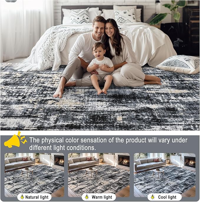 PLHXFR Area Rug Living Room: 4x6 Abstract Washable Carpet Black Gold